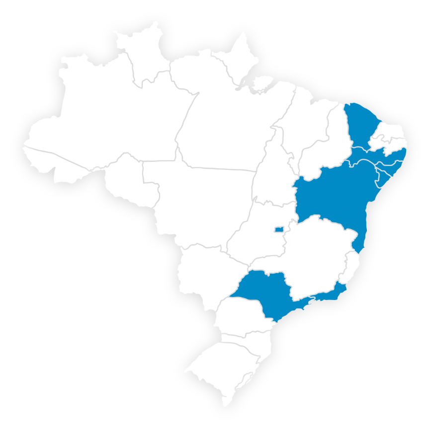 Mapa do Brasil com os estados em que a TV Thathi atua